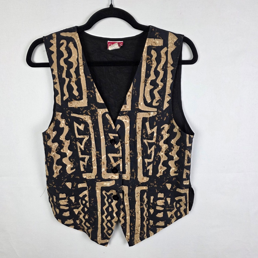 Claude Vintage 90s Abstract Tribal Print Cotton Vest Black Tan Small USA Made